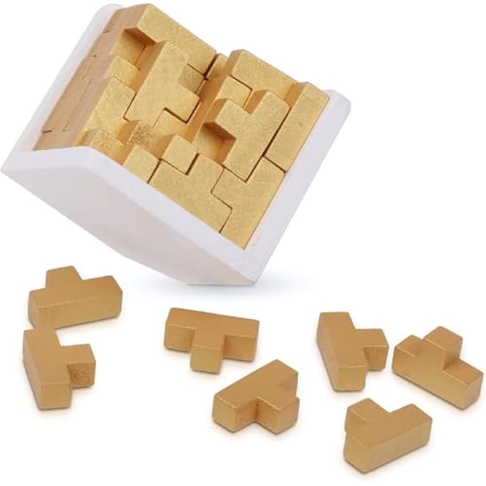 ORIGINAL 3D WOODEN BRAIN TEASER PUZZLE, GENIUS SKILLS BUILDER T-SHAPE PIECES. EDUCATIONAL TOY FOR KIDS AND ADULTS. GIFT DESK PUZZLES (GOLDEN EDITION) - Image 2